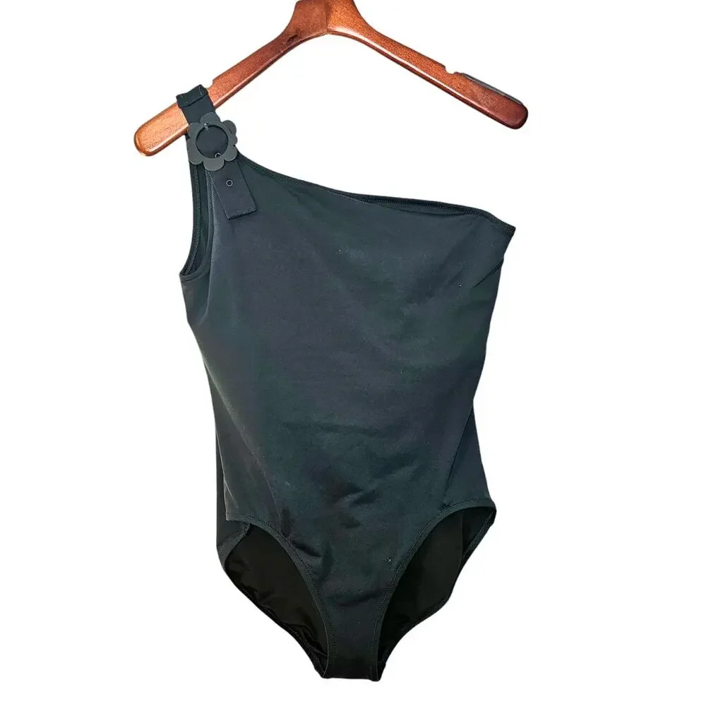 Kate Spade New York Daisy Buckle Dark Green One Shoulder One-Piece Swimsuit - Picture 4 of 9
